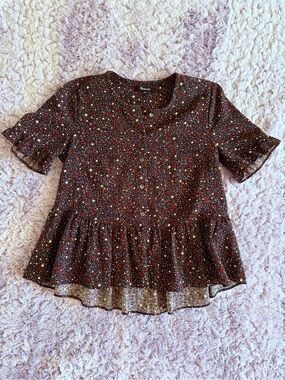 Madewell | Button Front Peplum Star Print Top | Black with Multi Stars | XS